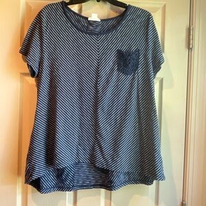 Style & Co Striped Navy Scoop Neck Blue Women's Top with Crochet Pocket, Size XL